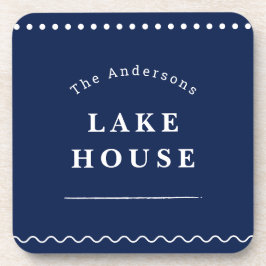 Personalized Lake House Navy Blue Family Name Getränkeuntersetzer