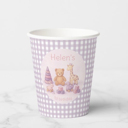 Personalized Lavender Gingham 1st Birthday  Pappbecher (Vorderseite)