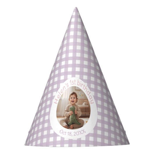 Personalized Lavender Gingham 1st Birthday Photo Partyhütchen (Vorderseite)