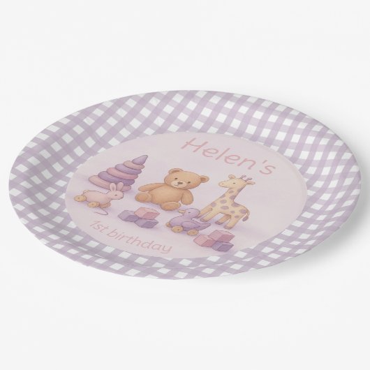 Personalized Lavender Gingham Baby Shower  Pappteller (Schrägansicht)