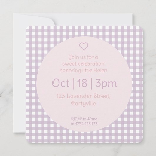 Personalized Lavender Gingham Birthday Invitation Einladung (Rückseite)