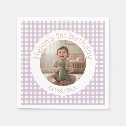 Personalized Lavender Gingham Birthday Photo Serviette (Vorderseite)