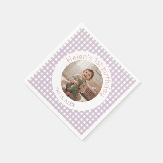 Personalized Lavender Gingham Birthday Photo Serviette (Ecke)