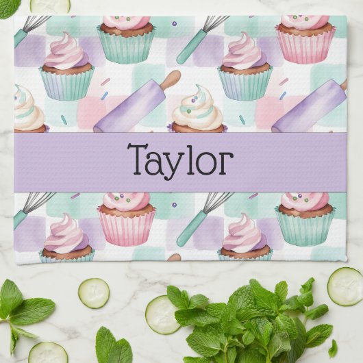 Personalized Lavender Teal Cupcake Pattern Geschirrtuch (Gefaltet)