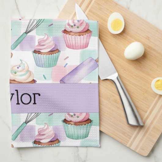 Personalized Lavender Teal Cupcake Pattern Geschirrtuch (Viertel Falte)