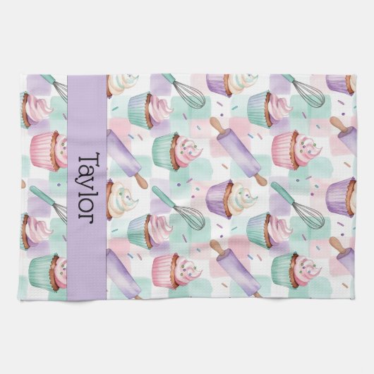 Personalized Lavender Teal Cupcake Pattern Geschirrtuch (Horizontal)