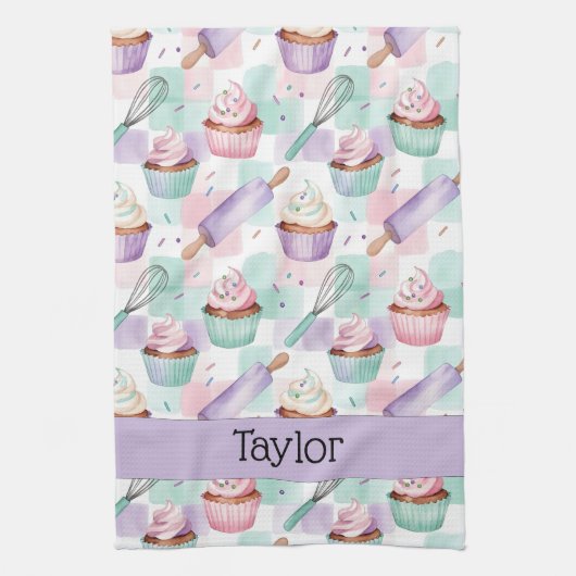 Personalized Lavender Teal Cupcake Pattern Geschirrtuch (Vertikal)