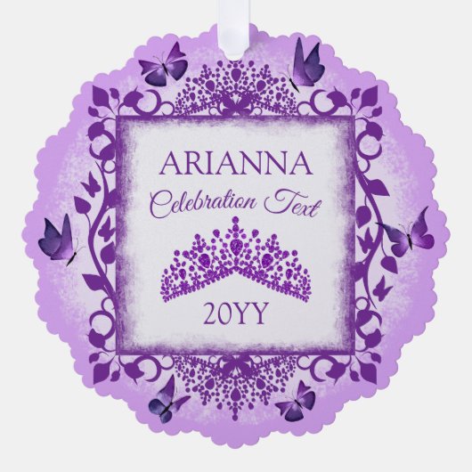 Personalized Lilac Purple Tiara & Butterflies Ornament Karte (Vorderseite)