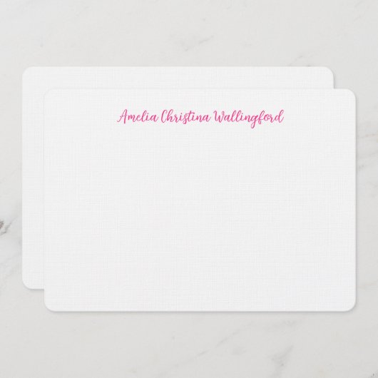 Personalized Linen Flat Note Card White and Pink Mitteilungskarte (Vorne/Hinten)