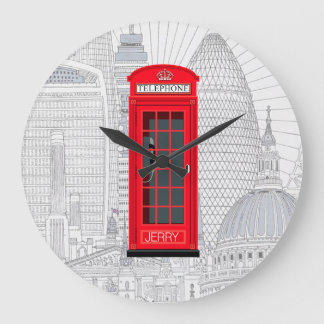 Personalized London Red Phone Booth & Skyline Große Wanduhr