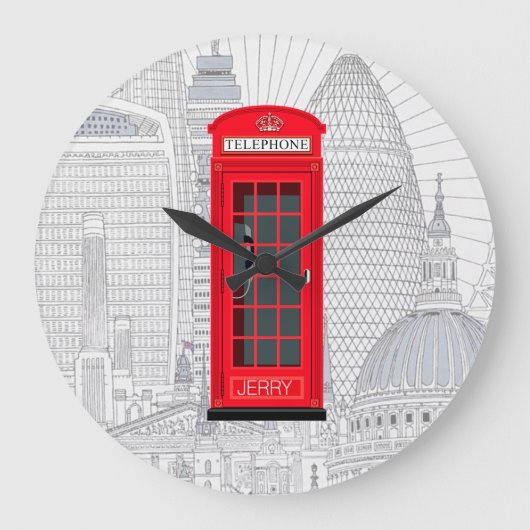 Personalized London Red Phone Booth & Skyline Große Wanduhr (Vorderseite)