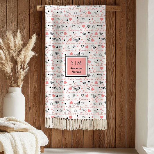 Personalized Love Gift Blanket Pink Black Hearts Fleecedecke