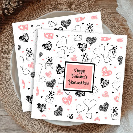 Personalized Love Text Pink Black Hearts Party Serviette