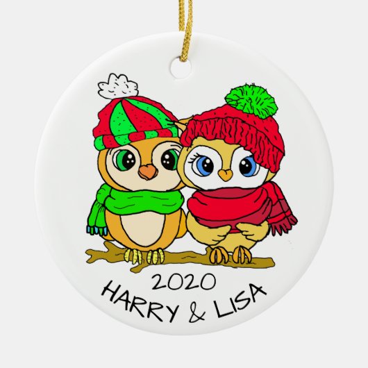 Personalized Lovebirds Owls Christmas Keramik Ornament (Vorne)