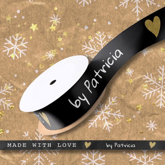 Personalized Made With Love Black And Gold Heart  Satinband