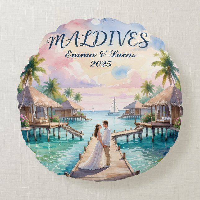Personalized Maldives Honeymoon Rundes Kissen (Vorderseite)