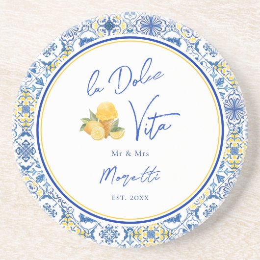 Personalized Mediterranean Tile Newlywed Home Getränkeuntersetzer (Vorne)