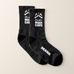 Personalized men's socks with funny man cave sign socken<br><div class="desc">Personalized men's socks with funny man cave sign. Custom sports socks for guys. Cool clothing apparel for brother, husband, son, friend, boss, dad, coworker, friend, husband, uncle, grandpa etc. Available in small and large sizes. Hammer tool silhouette design with name, monogram initials or funny slogan. Unique Birthday gift ideas for...</div>