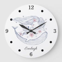 Personalized Mermaid Whale Girl's Nursery  Große Wanduhr