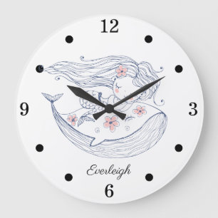 Personalized Mermaid Whale Girl's Nursery  Große Wanduhr