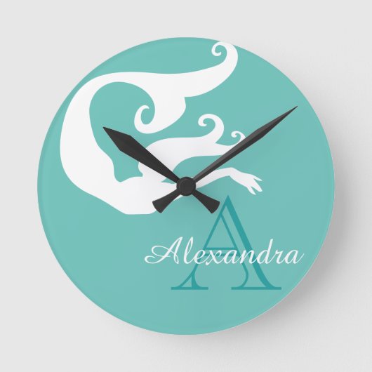Personalized Mermaid White Teal blue monogrammed R Runde Wanduhr (Vorderseite)