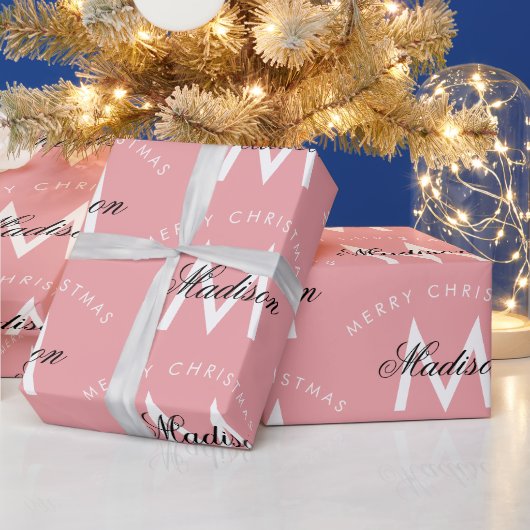 Personalized Merry Christmas Blush Pink Monogram Geschenkpapier (Feiertage)