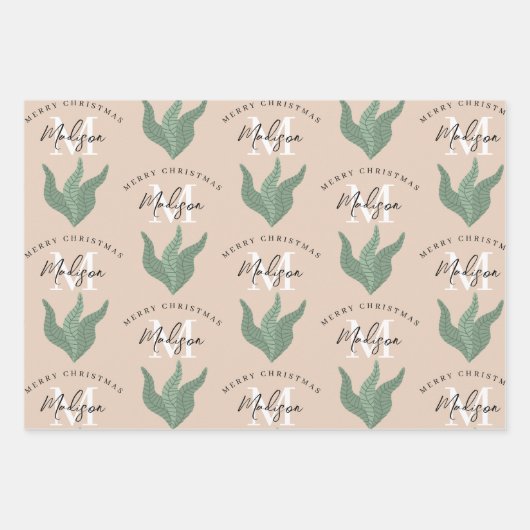 Personalized Merry Christmas Boho Leaves Monogram Geschenkpapier Set (Vorderseite 3)