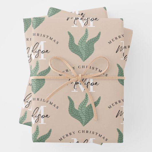 Personalized Merry Christmas Boho Leaves Monogram  Geschenkpapier Set (Beispiel)