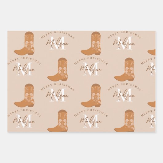 Personalized Merry Christmas Cowboy Boots Monogram Geschenkpapier Set (Vorderseite)