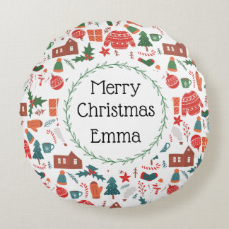 Personalized Merry Christmas Name Holiday Pillow Rundes Kissen
