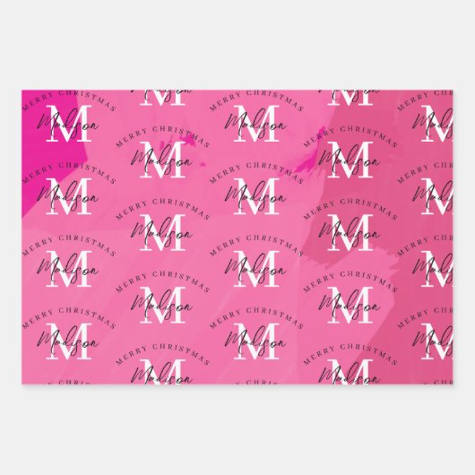 Personalized Merry Christmas Pink Paint Monogram Geschenkpapier Set (Vorderseite 3)