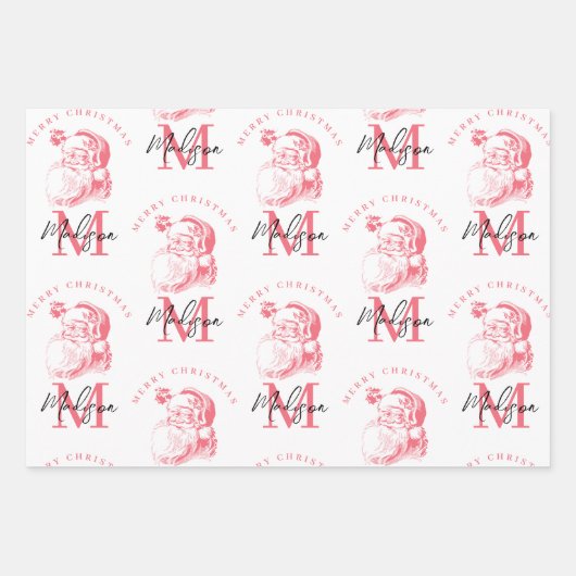 Personalized Merry Christmas Pink Santa Monogram Geschenkpapier Set (Vorderseite)