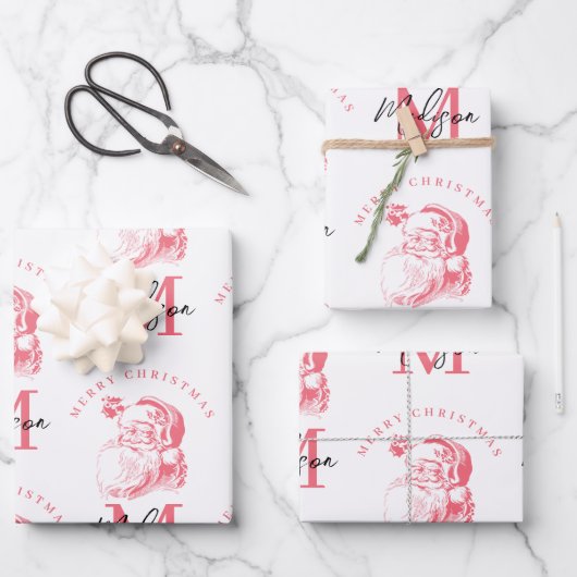 Personalized Merry Christmas Pink Santa Monogram Geschenkpapier Set (Vorderseite)