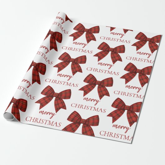 Personalized Merry Christmas | Red Plaid Bow Geschenkpapier (Ungerollt)