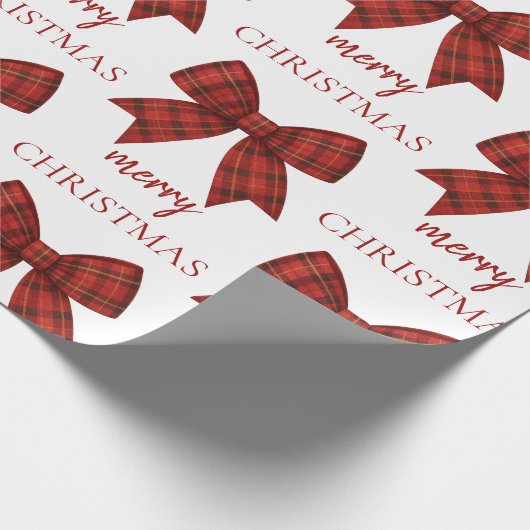 Personalized Merry Christmas | Red Plaid Bow Geschenkpapier (Ecke)