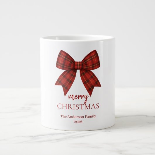 Personalized Merry Christmas | Red Plaid Bow Jumbo-Tasse (Vorderseite)