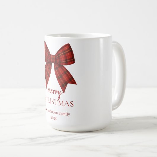 Personalized Merry Christmas | Red Plaid Bow Kaffeetasse (VorderseiteRechts)