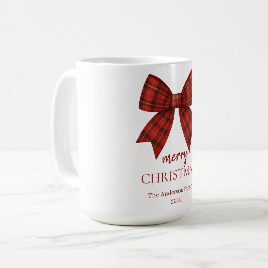 Personalized Merry Christmas | Red Plaid Bow Kaffeetasse (Vorderseite Links)