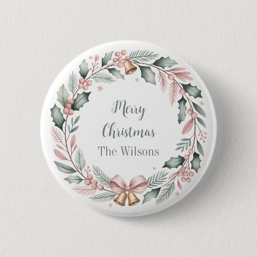 Personalized Merry Christmas Wreath Button (Vorderseite)