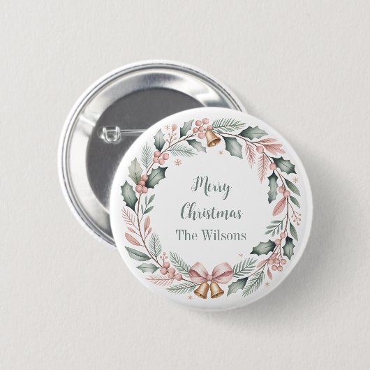 Personalized Merry Christmas Wreath Button (Vorne & Hinten)