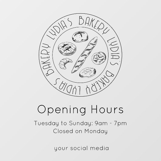 Personalized Minimal Bakery Opening Hours Logo Fensteraufkleber (Blatt)