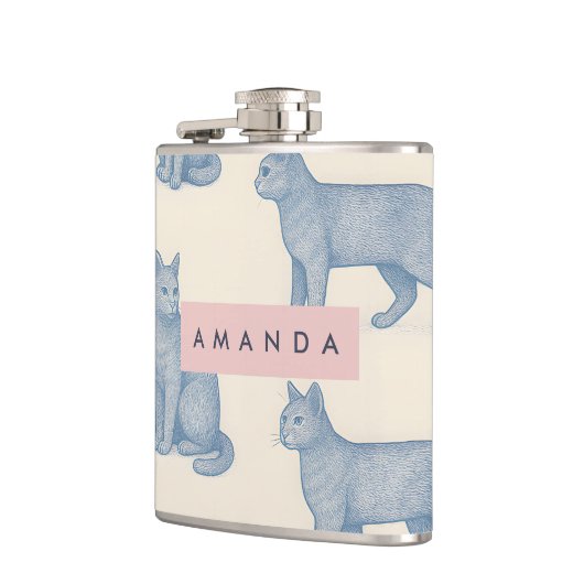 Personalized Minimalist Blue Cat Pattern Flachmann (Links)