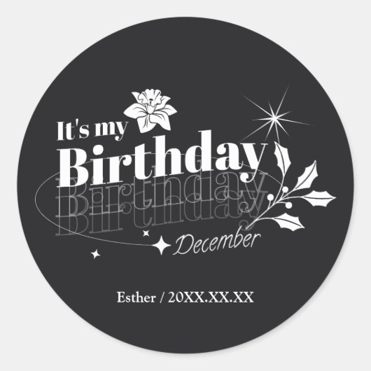 Personalized Modern Black Floral December Birthday Runder Aufkleber (Vorderseite)