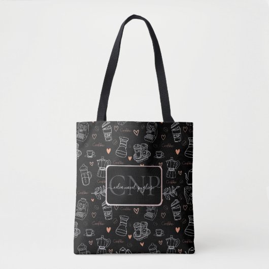 Personalized Modern Coffee Pattern Black Tasche (Vorderseite)