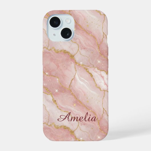 Personalized Modern Rose Quartz Marble Gold iPhone 15 Hülle (Rückseite)