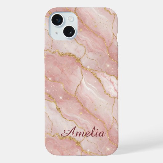 Personalized Modern Rose Quartz Marble Gold iPhone Hülle (Rückseite)