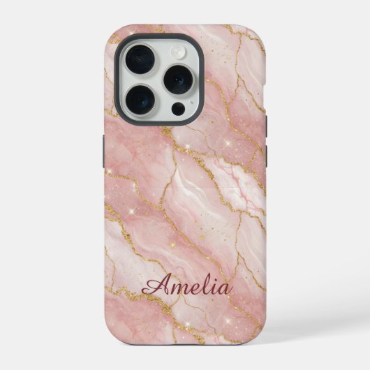 Personalized Modern Rose Quartz Marble Gold iPhone Hülle (Rückseite)