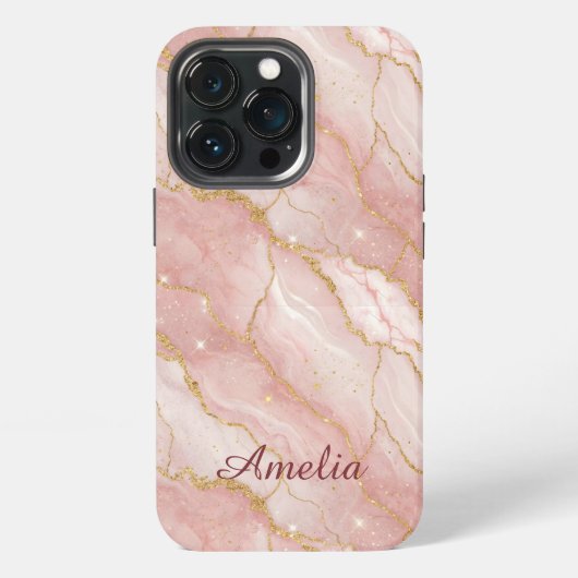 Personalized Modern Rose Quartz Marble Gold iPhone Hülle (Hinten)