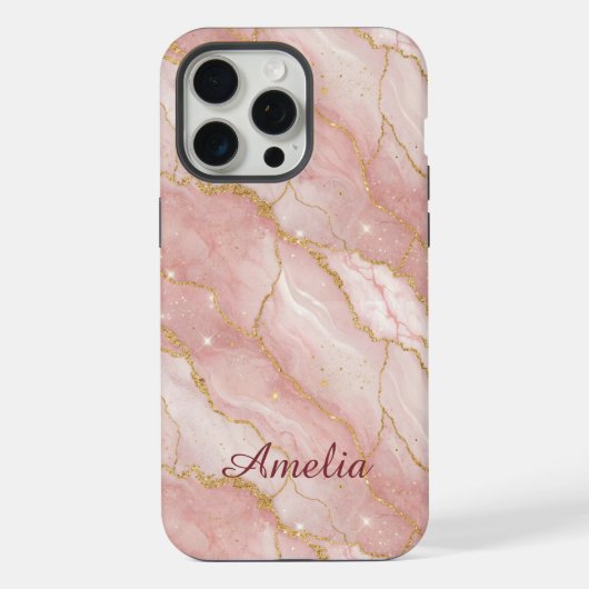 Personalized Modern Rose Quartz Marble Gold iPhone Hülle (Rückseite)