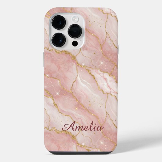 Personalized Modern Rose Quartz Marble Gold iPhone Hülle (Rückseite)